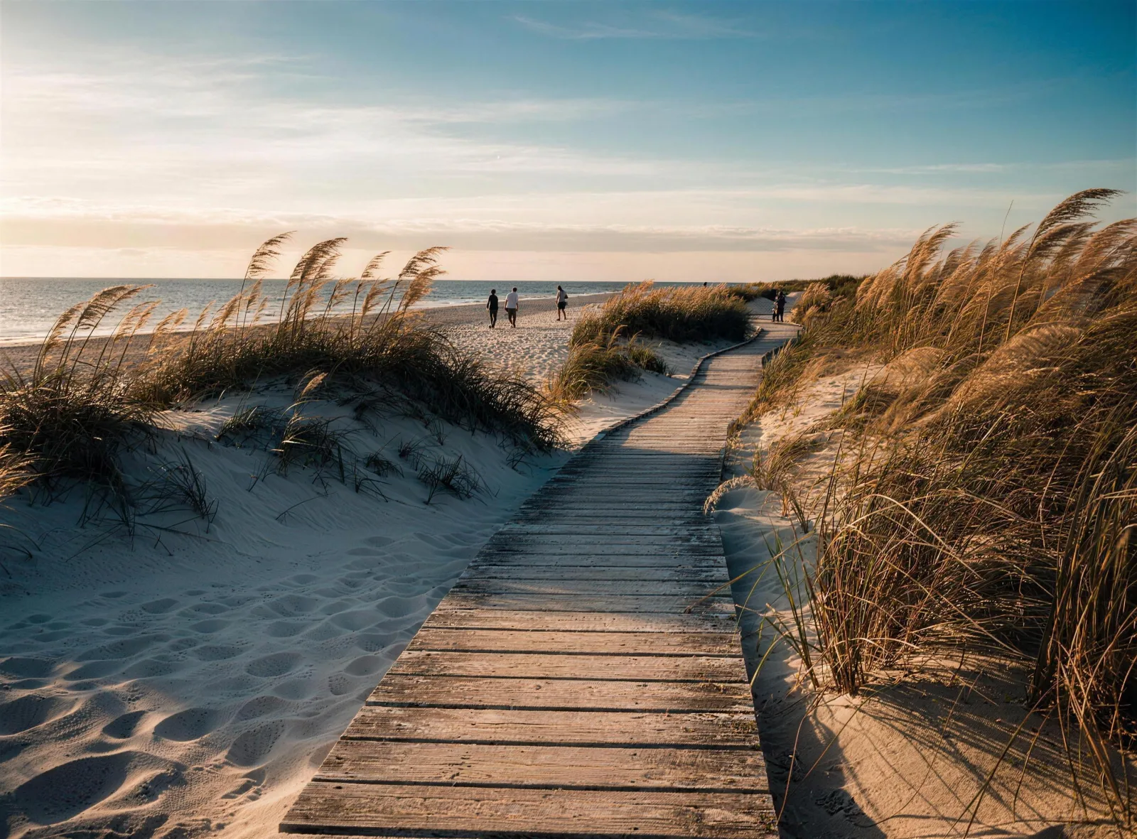 Wooden boardwalk winding through white dunes and sea oats toward the Gulf at golden hour