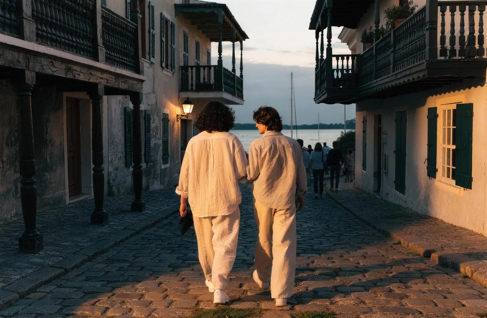 Couple walking at dusk down a cobblestone lane between dark-shuttered beach houses